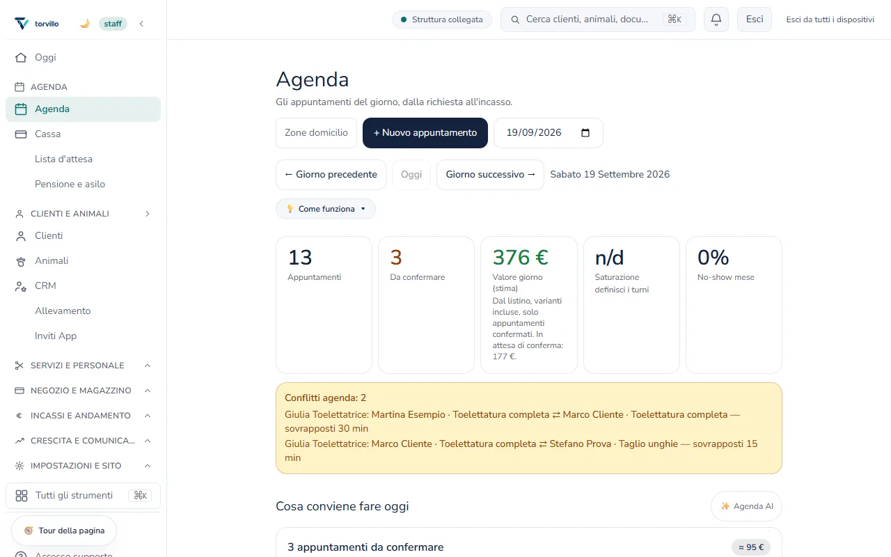 Il gestionale torvillo: agenda del giorno con dati di esempio