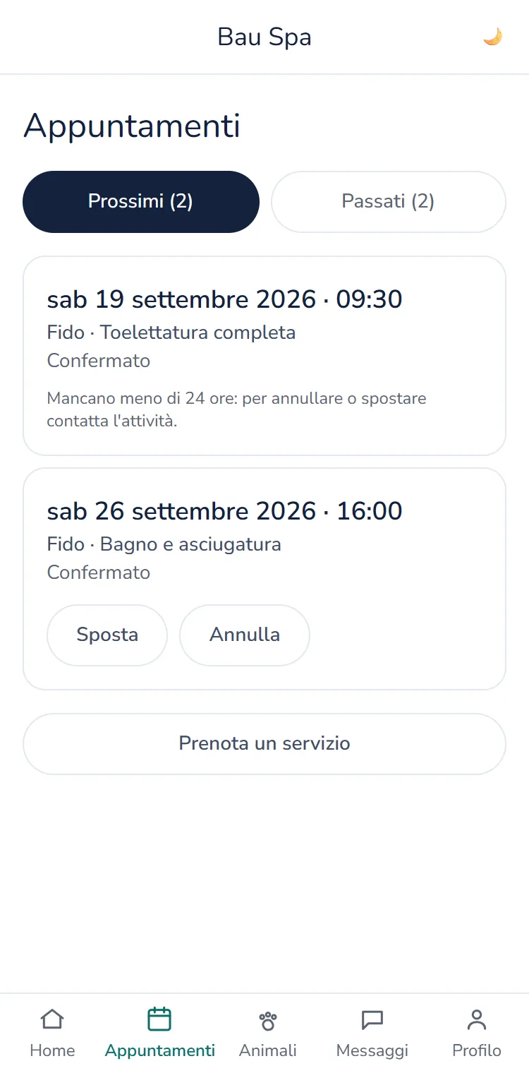 App clienti: elenco degli appuntamenti con sposta e annulla