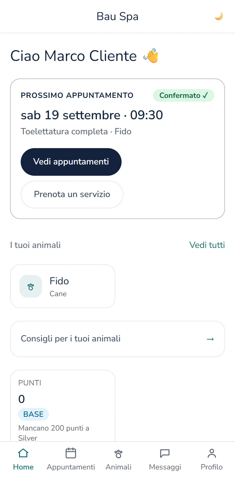App clienti: pagina iniziale con il prossimo appuntamento